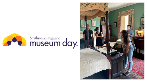 Museum Day logo adjacent visitors looking at things in a period room.