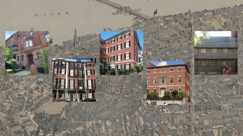 Five historic houses over a historic map background.