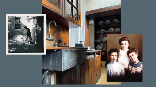 2 images of staff superimposed over an image of the butler's pantry