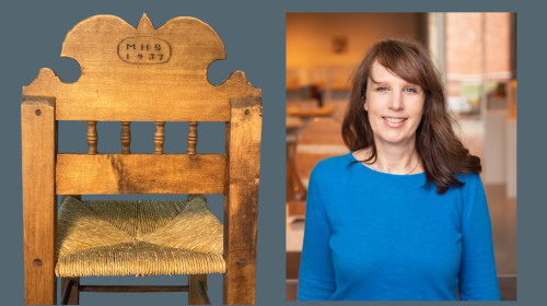 An image of a chair built by Margaret beside a photo of woodworker Ellen Kaspern