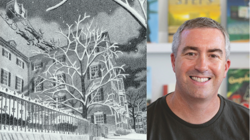 Author photo of Matt Tavares with an illustration from his 'Twas the Night Before Christmas